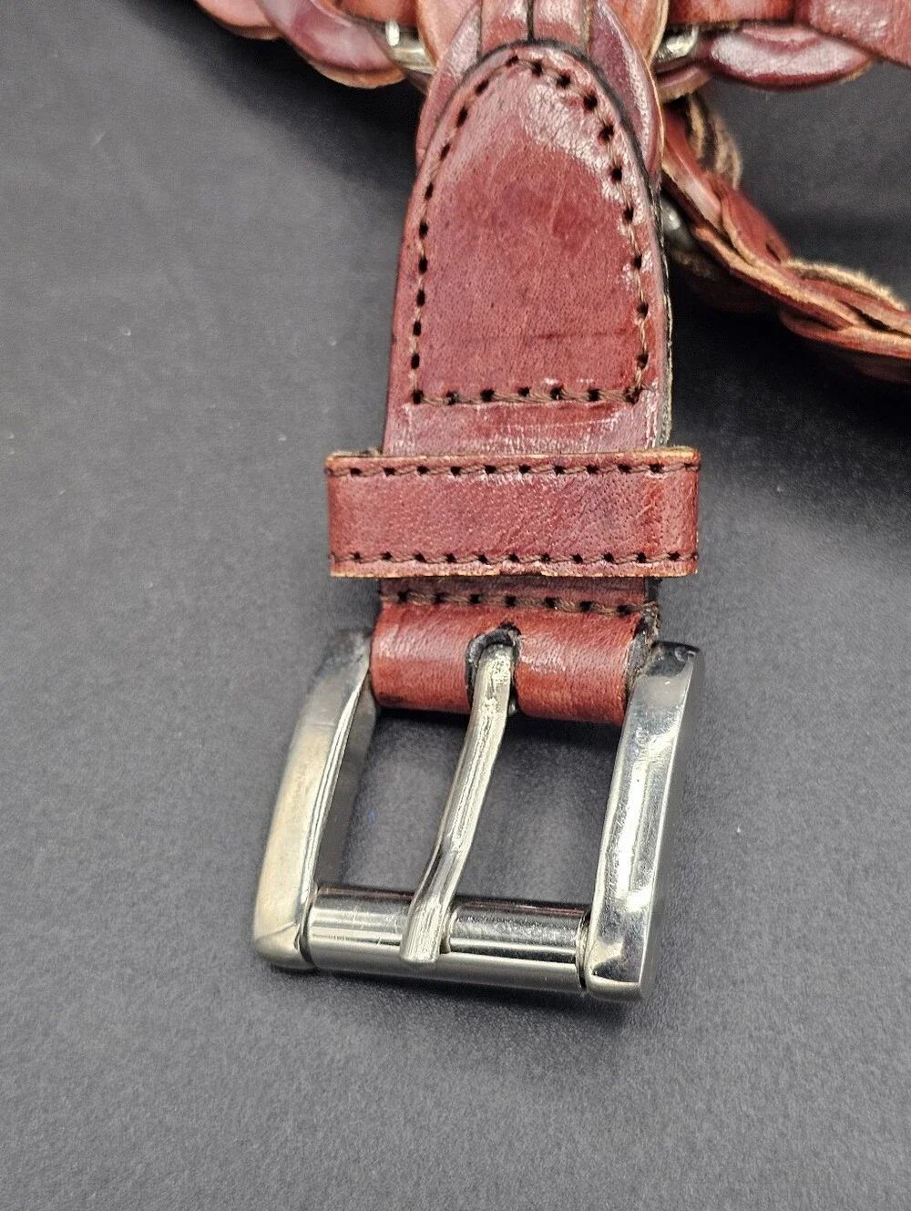 Vtg Capezio Brown Leather Link Belt Western Concho Boho Slip-Braid Belt 90s M/L